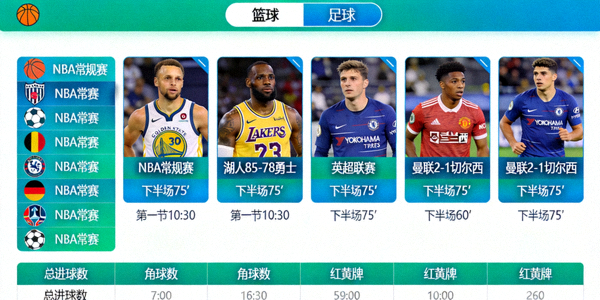 实时追踪篮球足球赛事比分的界面示意图 - 雷速比分平台界面